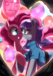 Size: 1400x2000 | Tagged: safe, artist:caibaoreturn, maud pie, pinkie pie, earth pony, pony, g4, balloon, boop, female, noseboop, pixiv, sisters