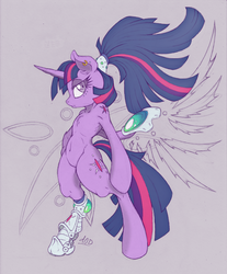 Size: 827x1000 | Tagged: safe, artist:dfectivedvice, artist:shawnyall, twilight sparkle, alicorn, pony, semi-anthro, g4, arm hooves, belly button, bipedal, female, high ponytail, long hair, mare, partial color, ponytail, prosthetic limb, solo, twilight sparkle (alicorn)