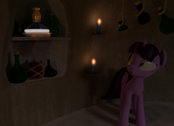 Size: 1488x1080 | Tagged: safe, artist:3d thread, rainbow dash, twilight sparkle, alicorn, pony, g4, 3d, 3d model, blender, bottle, female, flashback potion, mare, pony in a bottle, potion, rope, shelf, trapped, twilight sparkle (alicorn), worried