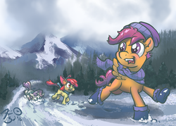 Size: 1200x857 | Tagged: safe, artist:flavinbagel, apple bloom, scootaloo, sweetie belle, g4, adorabloom, clothes, cute, cutealoo, cutie mark crusaders, diasweetes, earmuffs, faceplant, hat, mountain, running, scarf, snow, sweater, sweetie fail, winter