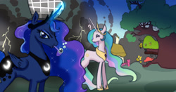 Size: 2048x1074 | Tagged: safe, artist:hinoraito, princess celestia, princess luna, g4, bubble pipe, commission, deerstalker, golden oaks library, hat