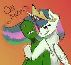 Size: 880x806 | Tagged: safe, princess celestia, oc, oc:anon, alicorn, human, pony, g4, bedroom eyes, crown, grin, jewelry, kiss mark, pony on human action, regalia, seductive