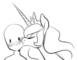 Size: 450x352 | Tagged: artist needed, safe, princess celestia, oc, oc:anon, human, g4, kissing, monochrome, smooch