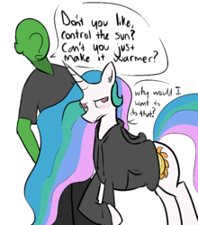 Size: 799x908 | Tagged: safe, artist:visiti, princess celestia, oc, oc:anon, human, pony, g4, blushing, clothes, dialogue, duo, embarrassed, eyelashes, frown, hoodie, looking away, nervous, simple background, slice of life, sweater, tsundelestia, tsundere