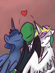Size: 700x923 | Tagged: artist needed, safe, princess celestia, princess luna, oc, oc:anon, human, pony, g4, anon gets all the mares, cuddling, cute, eyes closed, heart, hug, human on pony snuggling, lucky bastard, nuzzling, smiling, snuggling, trio, winghug