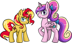 Size: 783x467 | Tagged: safe, artist:archeopony, princess cadance, sunset shimmer, alicorn, pony, unicorn, g4, looking at you, messy mane, raised hoof, simple background, smiling, smirk, tail bow, teen princess cadance, white background