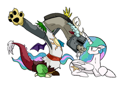 Size: 1656x1160 | Tagged: safe, artist:archeopony, discord, princess celestia, alicorn, draconequus, pony, g4, armor, blushing, dark souls, duo, duo male and female, female, floppy ears, folded wings, frown, grin, helmet, looking at each other, looking at someone, male, mare, mismatched wings, missing accessory, praise the sun, prone, simple background, smiling, solaire of astora, spread wings, white background, wide eyes, wings