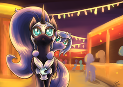 Size: 2046x1447 | Tagged: dead source, safe, artist:lovelyneckbeard, nightmare moon, princess luna, alicorn, pony, unicorn, comic:dream away, g4, :o, carnival, cute, duality, female, filly, japanese summer festival, looking up, luna riding nightmare moon, mare, nicemare moon, nightmare luna, ponies riding ponies, riding, self ponidox, self riding, woona, younger