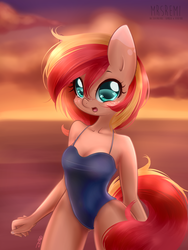 Size: 1600x2127 | Tagged: safe, artist:mrsremi, oc, oc only, anthro, clothes, one-piece swimsuit, solo, sunset, swimsuit