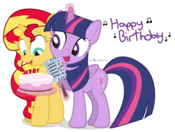 Size: 960x720 | Tagged: safe, artist:dm29, edit, sunset shimmer, twilight sparkle, alicorn, pony, unicorn, g4, birthday, cute, duo, happy birthday, julian yeo is trying to murder us, rebecca shoichet, shimmerbetes, simple background, transparent background, twiabetes, twilight sparkle (alicorn), voice actor joke