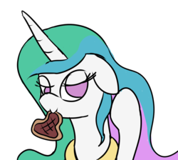 Size: 1030x924 | Tagged: safe, artist:godofsteak, princess celestia, pony, g4, bedroom eyes, bust, empty eyes, female, food, mare, meat, mouth hold, no catchlights, no pupils, ponies eating meat, simple background, solo, steak, transparent background