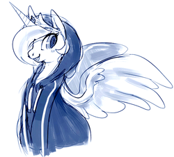 Size: 609x551 | Tagged: safe, artist:mangneto, edit, princess celestia, g4, alternate hairstyle, blushing, clothes, female, hair over one eye, hips, hoodie, lips, looking at you, monochrome, smiling, solo, standing