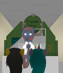 Size: 689x806 | Tagged: safe, artist:minty candy, cyborg, earth pony, ghoul, pegasus, pony, unicorn, fallout equestria, fallout equestria: occupational hazards, cannon, clothes, doomsday weapon, lab coat, megaspell, nuclear weapon, story