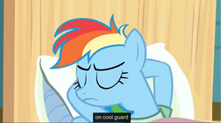 Size: 1680x944 | Tagged: safe, screencap, rainbow dash, g4, read it and weep, bed, eyes closed, hospital gown, lowres, meme, youtube caption