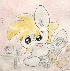 Size: 682x692 | Tagged: safe, artist:slightlyshade, derpy hooves, pegasus, pony, g4, bubble wrap, female, mare, muffin, solo, tongue out, traditional art