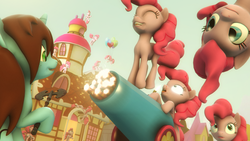 Size: 3200x1800 | Tagged: safe, artist:uselesscloude, pinkie pie, oc, earth pony, pony, g4, my little pony: friendship is magic, too many pinkie pies, 3d, axe, balloon, blood, clone, eyes on the prize, female, fun fun fun, mare, nosebleed, party cannon, source filmmaker, sugarcube corner