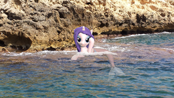 Size: 4128x2322 | Tagged: safe, artist:s80lar, rarity, mermaid, merpony, g4, 3d, irl, looking at you, ponies in real life, rock, solo, source filmmaker, water, wet, wet mane, wet mane rarity