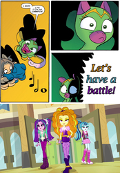 Size: 775x1115 | Tagged: safe, idw, official comic, adagio dazzle, aria blaze, cheerilee, cloverleaf, sonata dusk, pony, equestria girls, g4, my little pony equestria girls: rainbow rocks, spoiler:comic, meme, surprise entrance meme, the dazzlings