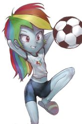 Size: 297x450 | Tagged: dead source, safe, artist:conoghi, rainbow dash, equestria girls, g4, ball, clothes, debate in the comments, female, football, midriff, slippers, solo