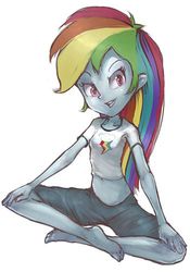 Size: 350x500 | Tagged: dead source, safe, artist:conoghi, rainbow dash, equestria girls, g4, barefoot, belly button, feet, female, grin, looking at you, midriff, sitting, smiling, solo