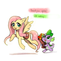 Size: 800x800 | Tagged: safe, artist:quizia, fluttershy, spike, dragon, pegasus, pony, g4, cute, dialogue, groceries, saddle bag, simple background