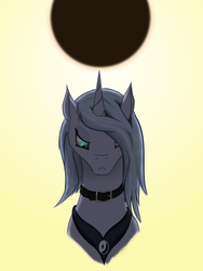 Size: 1500x2000 | Tagged: safe, artist:kopaleo, princess luna, alicorn, pony, g4, angry, choker, chokerluna, eclipse, female, mare, s1 luna, solo, sun