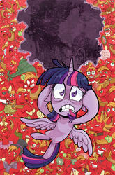 Size: 787x1195 | Tagged: safe, artist:brenda hickey, idw, big macintosh, twilight sparkle, alicorn, pony, friends forever #17, g4, my little pony: friends forever, cape, clothes, cover, expressions, female, freaked out, glasses, hat, luchador, mare, monocle, multeity, top hat, tutu, twilight sparkle (alicorn)