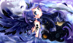 Size: 900x533 | Tagged: safe, artist:miniiming, princess luna, human, g4, anime, female, horn, horned humanization, humanized, jewelry, looking at you, regalia, solo, winged humanization