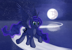 Size: 2353x1633 | Tagged: safe, artist:multiponi, princess luna, pony, g4, constellation, female, mare in the moon, moon, reflection, solo, space, spread wings