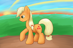 Size: 3000x2000 | Tagged: safe, artist:multiponi, applejack, earth pony, pony, g4, crepuscular rays, female, hatless, high res, missing accessory, solo, sunset