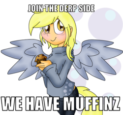 Size: 546x508 | Tagged: safe, artist:derpy-teh-unicorn, derpy hooves, human, g4, blushing, female, humanized, image macro, meme, muffin, solo, spread wings, tailed humanization, winged humanization