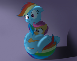 Size: 1500x1200 | Tagged: safe, artist:zigrock, rainbow dash, scootaloo, pegasus, pony, g4, cute, cutealoo, dashabetes, duo, female, filly, hug, mare, pixiv, scared, scootalove, scrunchy face