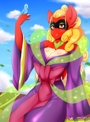 Size: 920x1238 | Tagged: safe, artist:mleonheart, oc, oc only, oc:ho-oh, bird, ho-oh, poképony, anthro, cleavage, clothes, ear fluff, eyeshadow, female, grin, kimono (clothing), makeup, pokémon, ponified, shawl, sitting, smiling, solo, wind