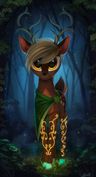 Size: 1400x2590 | Tagged: safe, artist:yakovlev-vad, oc, oc only, deer, original species, vitrung, cloak, clothes, fluffy, forest, glowing, grass, looking at you, night, scenery, solo, stars, wallpaper