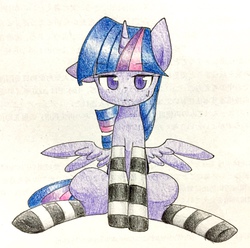 Size: 1280x1271 | Tagged: dead source, safe, artist:yukimaki, twilight sparkle, alicorn, pony, g4, clothes, female, mare, socks, solo, striped socks, sweatdrop, traditional art, twilight sparkle (alicorn)