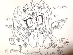 Size: 1280x960 | Tagged: safe, artist:naoki, queen chrysalis, changeling, changeling queen, g4, alternate hairstyle, female, floppy ears, grayscale, japanese, looking at you, monochrome, open mouth, pigtails, solo, spread legs, spreading, sweat