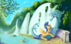 Size: 2265x1400 | Tagged: safe, artist:frostenstein, flash sentry, sonata dusk, pegasus, pony, siren, g4, backwards cutie mark, blushing, cloven hooves, crack shipping, duo, female, fins, fish tail, gem, happy, interspecies, male, scales, senata, shipping, siren gem, spread wings, stallion, straight, wings