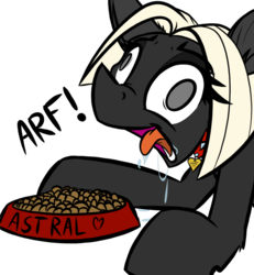 Size: 3708x4015 | Tagged: safe, artist:outlawedtofu, artist:ralek, oc, oc only, oc:astral, fallout equestria, fallout equestria: outlaw, behaving like a dog, collar, derp, drool, kibble, mind break, monochrome, open mouth, pet bowl, pet play, simple background, solo, tongue out, transparent background