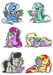 Size: 2215x3136 | Tagged: safe, artist:epulson, berry punch, berryshine, derpy hooves, lyra heartstrings, octavia melody, spike, sunset shimmer, trixie, dragon, earth pony, pegasus, pony, unicorn, g4, berryspike, blushing, female, high res, hug, interspecies, kissing, male, pillow, ship:derpyspike, ship:spiketavia, ship:sunsetspike, shipping, spike gets all the mares, spikelove, spixie, spyra, tongue out, wide eyes