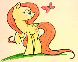 Size: 2375x1908 | Tagged: safe, artist:demibowties, fluttershy, butterfly, g4, female, looking back, raised hoof, smiling, solo, traditional art