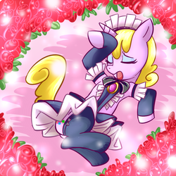 Size: 800x800 | Tagged: safe, artist:madmax, oc, oc only, oc:bitchdancer, pony, unicorn, clothes, crossdressing, dramatic pose, femboy, lying down, maid, male, on back, solo, stockings