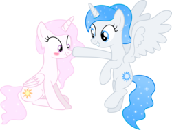 Size: 8015x6066 | Tagged: safe, artist:geometrymathalgebra, princess celestia, oc, oc:white flare, alicorn, pony, g4, absurd resolution, alicorn oc, blushing, boop, cewestia, cute, female, filly, flying, grin, nose wrinkle, scrunchy face, simple background, sitting, smiling, spread wings, transparent background, vector, wide eyes, younger
