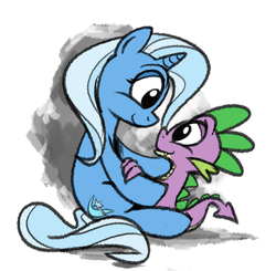 Size: 1066x1045 | Tagged: safe, artist:epulson, spike, trixie, dragon, pony, unicorn, g4, cropped, female, looking at each other, male, mare, shipping, sitting, smiling, spixie, straight