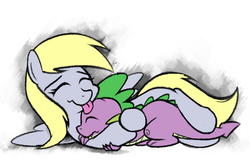 Size: 1236x799 | Tagged: safe, artist:epulson, derpy hooves, spike, pegasus, pony, g4, cropped, female, licking, male, mare, ship:derpyspike, shipping, straight