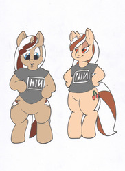 Size: 1280x1762 | Tagged: safe, artist:zacharyisaacs, oc, oc only, oc:cherry creme fudge, oc:hot fudge, pony, bipedal, clothes, nine inch nails, shirt