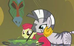 Size: 899x564 | Tagged: safe, artist:queencold, apple bloom, zecora, earth pony, pony, zebra, g4, brew, cauldron, duo, duo female, female, filly, foal, zecora's hut