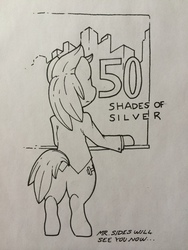 Size: 960x1280 | Tagged: safe, artist:zacharyisaacs, oc, oc only, oc:silver sides, pony, fifty shades of grey, monochrome, movie poster, parody, solo