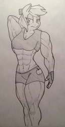 Size: 658x1280 | Tagged: safe, artist:zacharyisaacs, applejack, earth pony, anthro, g4, abs, applejacked, female, monochrome, muscles, solo