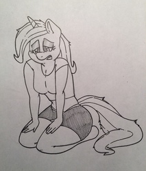 Size: 1089x1280 | Tagged: safe, artist:zacharyisaacs, trixie, anthro, g4, monochrome, panting, sweat, tired, traditional art