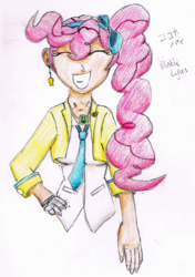 Size: 900x1280 | Tagged: safe, artist:violo, pinkie pie, human, g4, ace attorney, alternate hairstyle, athena cykes, colored, female, humanized, solo, traditional art